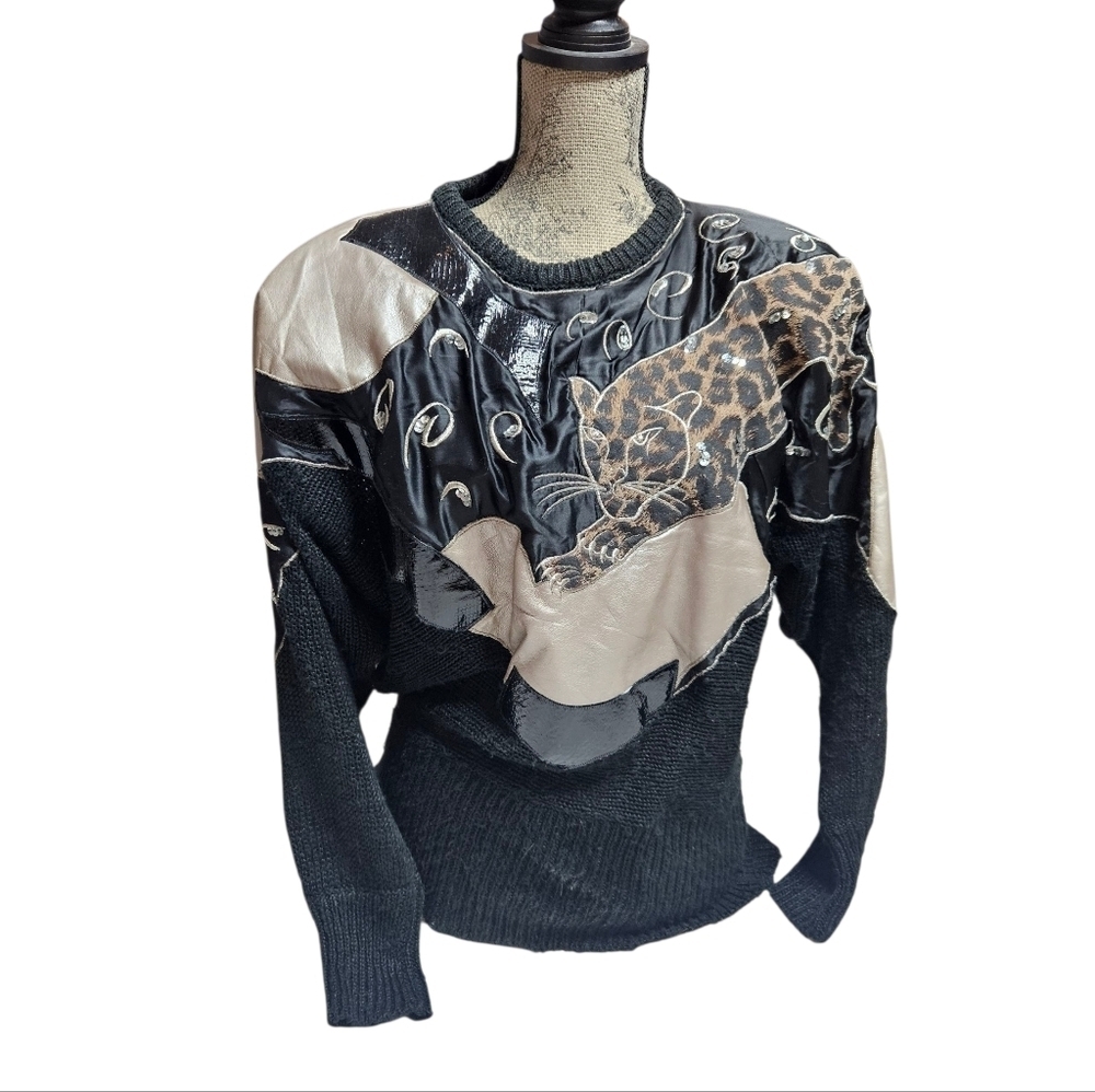 Vintage 80s Ann Stuard Leopard Sweater Bold Animal Appliqué Statement sz Medium